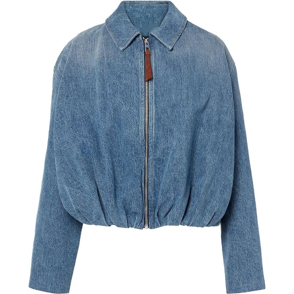 Women's Denim Bomber Jacket Light Blue Zip Up Casual Trendy Jean Size Xl